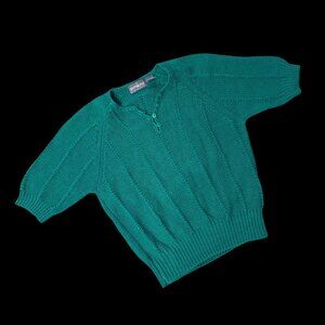 Vintage Green Knit Sweater Medium Short Sleeve Hong Kong Yarnworks 1980s Retro